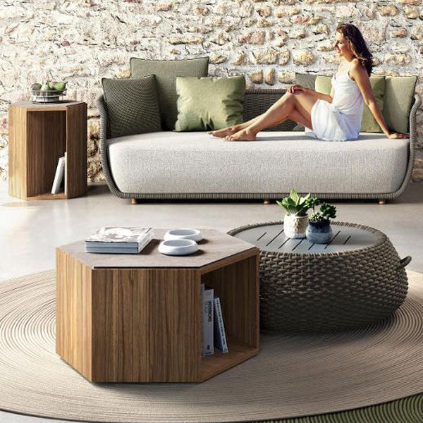 Outdoor patio Braid and Rope Puff Stool Foot-On - Atmosphere